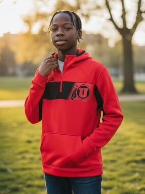 adidas Red Hooded Quarter-Zip Jacket with Black Logo Tag